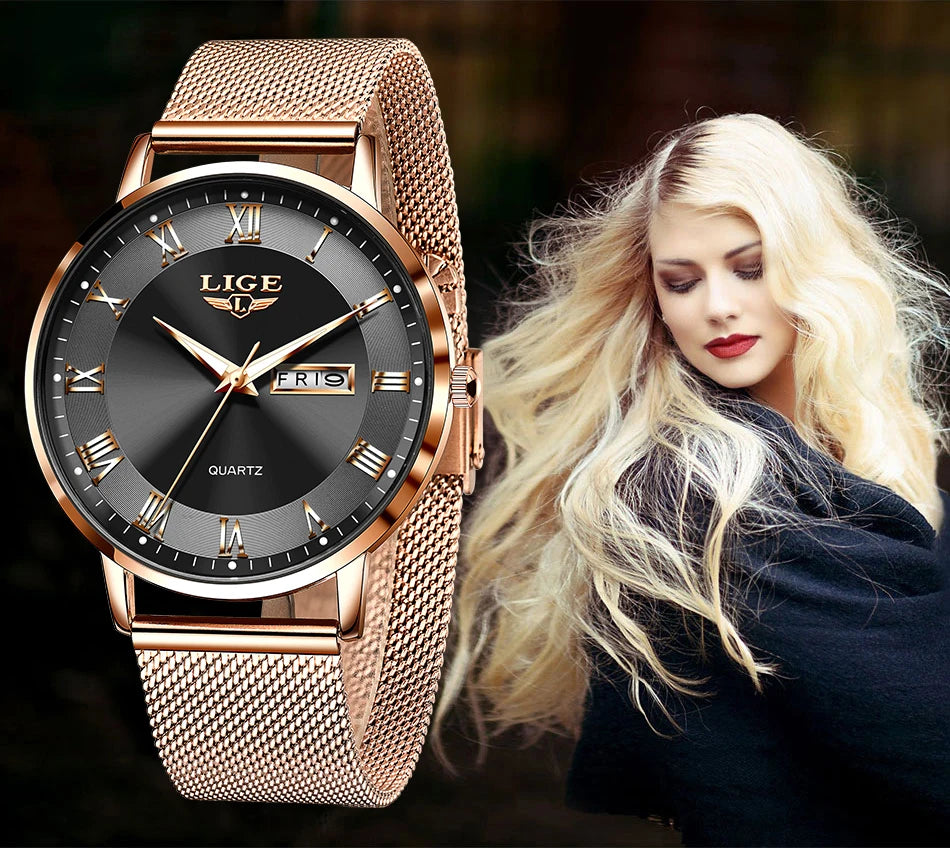 LIGE Women Watch Bracelet Quartz Clock Movement Simple Waterproof Rose Gold Stainless Steel Mesh Ladies Watches Relogio Feminino