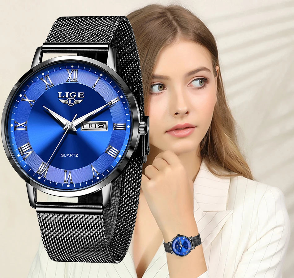 LIGE Women Watch Bracelet Quartz Clock Movement Simple Waterproof Rose Gold Stainless Steel Mesh Ladies Watches Relogio Feminino