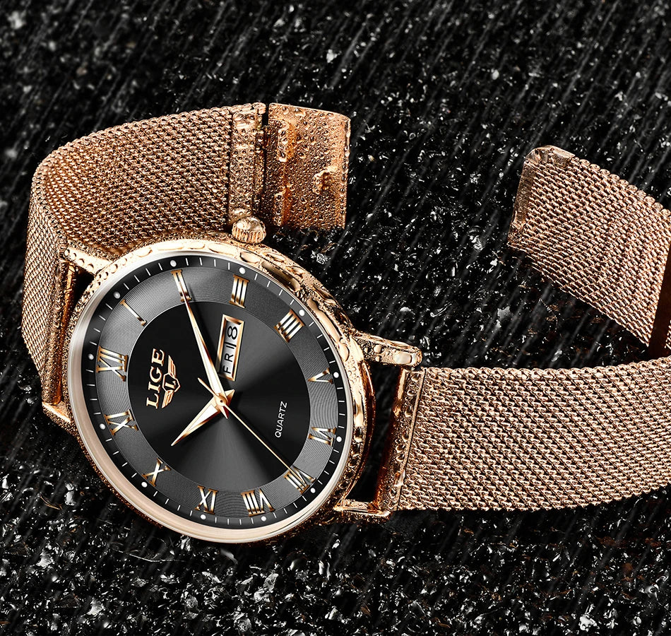 LIGE Women Watch Bracelet Quartz Clock Movement Simple Waterproof Rose Gold Stainless Steel Mesh Ladies Watches Relogio Feminino