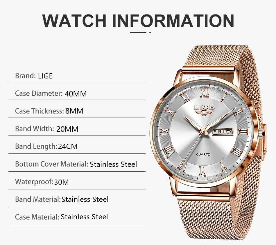 LIGE Women Watch Bracelet Quartz Clock Movement Simple Waterproof Rose Gold Stainless Steel Mesh Ladies Watches Relogio Feminino