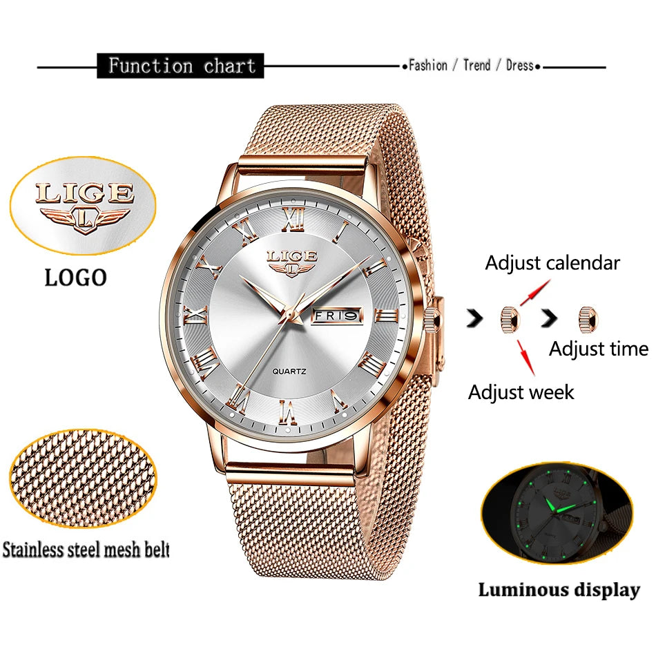 LIGE Women Watch Bracelet Quartz Clock Movement Simple Waterproof Rose Gold Stainless Steel Mesh Ladies Watches Relogio Feminino
