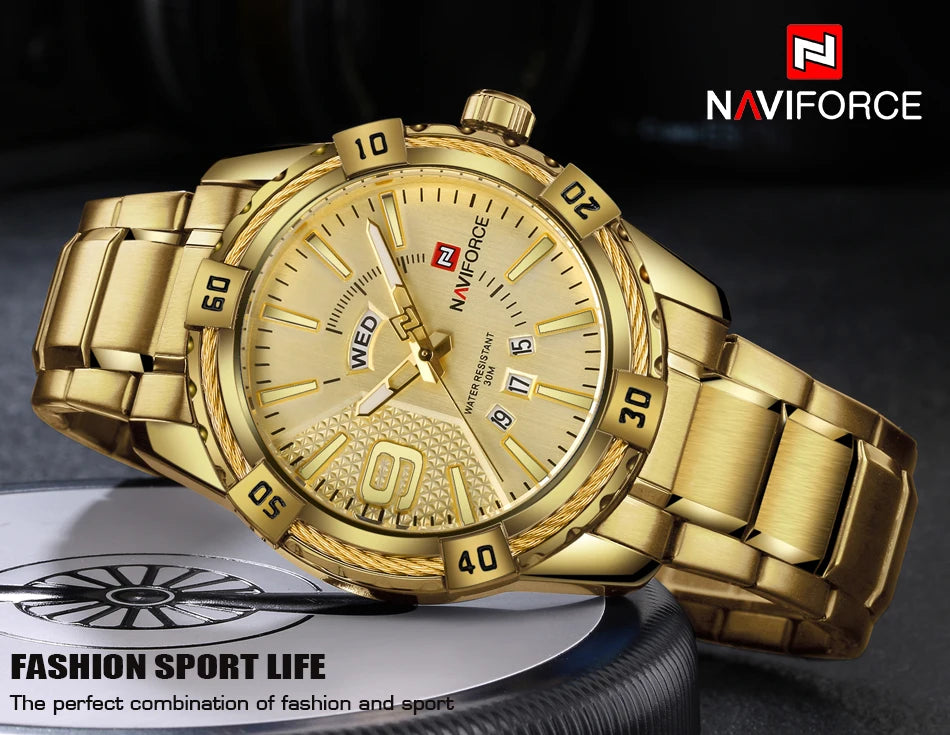 NAVIFORCE Military Golden Watch for Men Top Luxury Brand Wristwatch Waterproof Mens Stainless Steel Sport Watches Male Clock