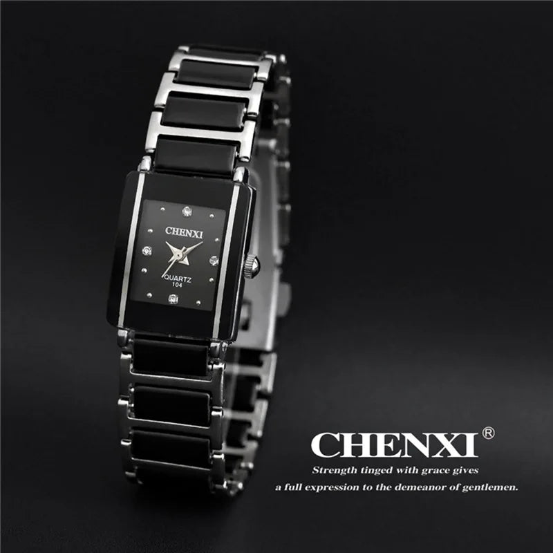 CHENXI Brand Lady Watch Elegant Black Ceramics Simple Minimalism Small Narrow Quartz Casual Women Clock Rhinestone Wristwatch