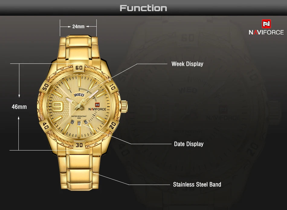 NAVIFORCE Military Golden Watch for Men Top Luxury Brand Wristwatch Waterproof Mens Stainless Steel Sport Watches Male Clock