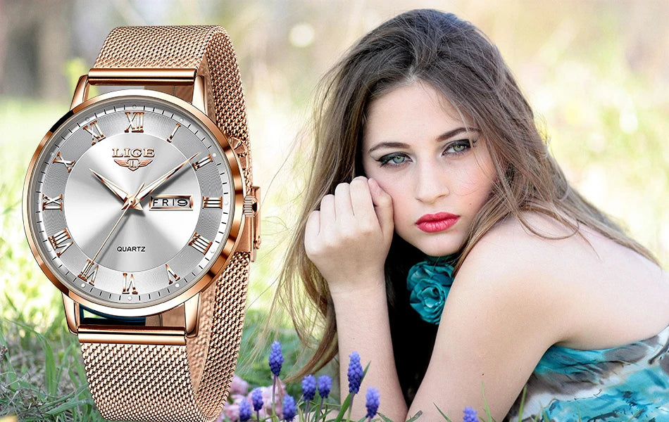 LIGE Women Watch Bracelet Quartz Clock Movement Simple Waterproof Rose Gold Stainless Steel Mesh Ladies Watches Relogio Feminino
