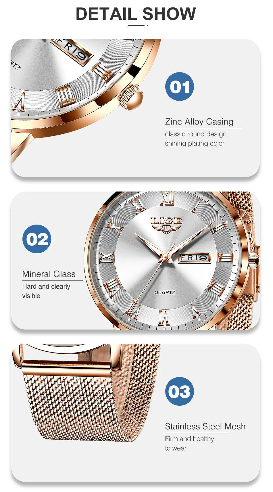 LIGE Women Watch Bracelet Quartz Clock Movement Simple Waterproof Rose Gold Stainless Steel Mesh Ladies Watches Relogio Feminino