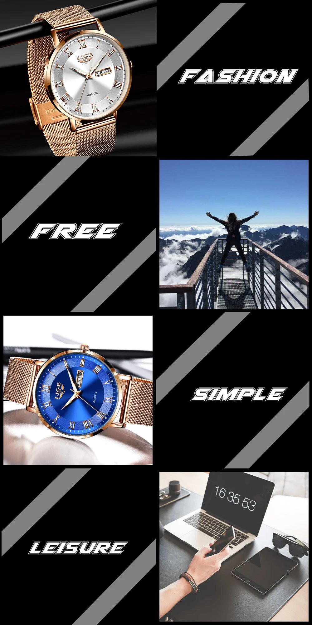 LIGE Women Watch Bracelet Quartz Clock Movement Simple Waterproof Rose Gold Stainless Steel Mesh Ladies Watches Relogio Feminino