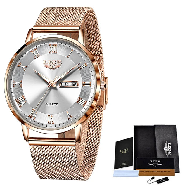 LIGE Women Watch Bracelet Quartz Clock Movement Simple Waterproof Rose Gold Stainless Steel Mesh Ladies Watches Relogio Feminino