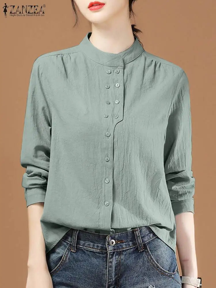 ZANZEA Chinese Style Vintage Blouse 2023 Cotton Long Sleeve Shirt Fashion Autumn Women Double Breasted Top Casual Oversize Blusa