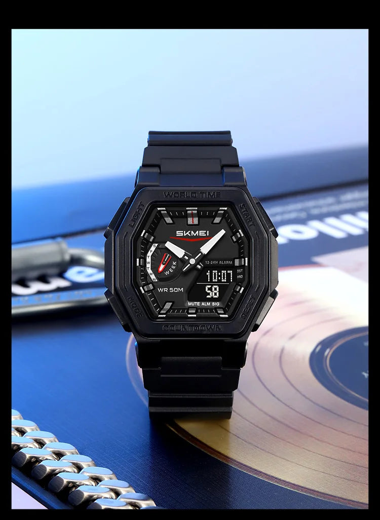 SKMEI 2438 Casual Dual Digital Display Quartz Waterproof Watches Calendar Analog Stopwatch timing Alarm LED night light Clock