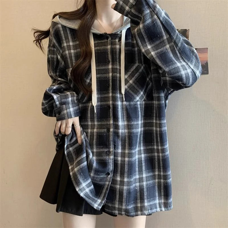Jmprs Vintage Plaid Hooded Shirt Women Oversize Long Sleeve Y2K Blouse American Casual Harajuku Female Vintage Spring Tops New