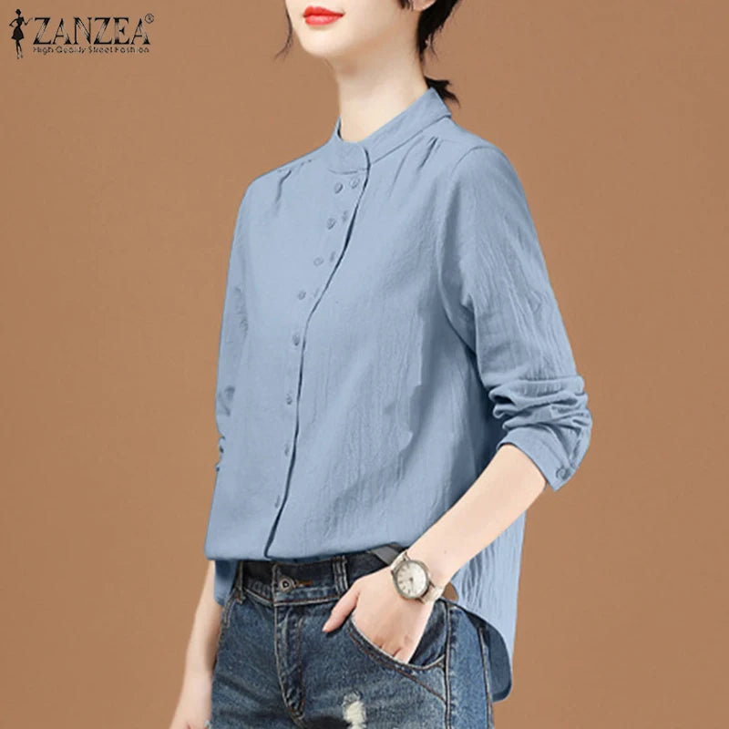 ZANZEA Chinese Style Vintage Blouse 2023 Cotton Long Sleeve Shirt Fashion Autumn Women Double Breasted Top Casual Oversize Blusa