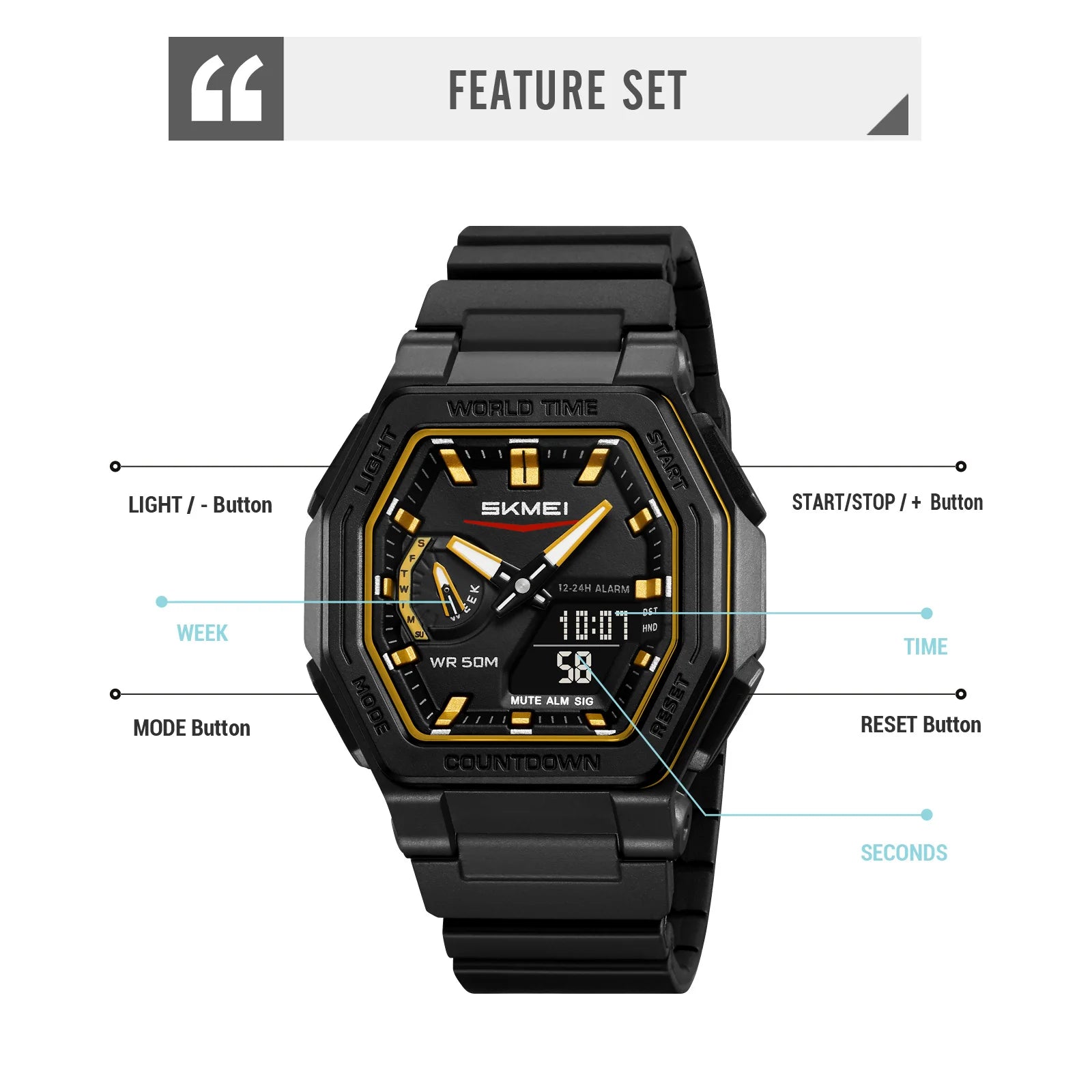 SKMEI 2438 Casual Dual Digital Display Quartz Waterproof Watches Calendar Analog Stopwatch timing Alarm LED night light Clock