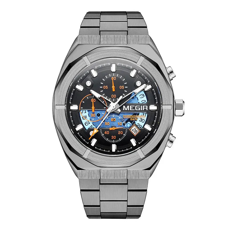 MEGIR Gray Sport Quartz Watch for Men Luxury Luminous Waterproof Metal Wristwatch with Stainless Steel Strap Date Chronograph