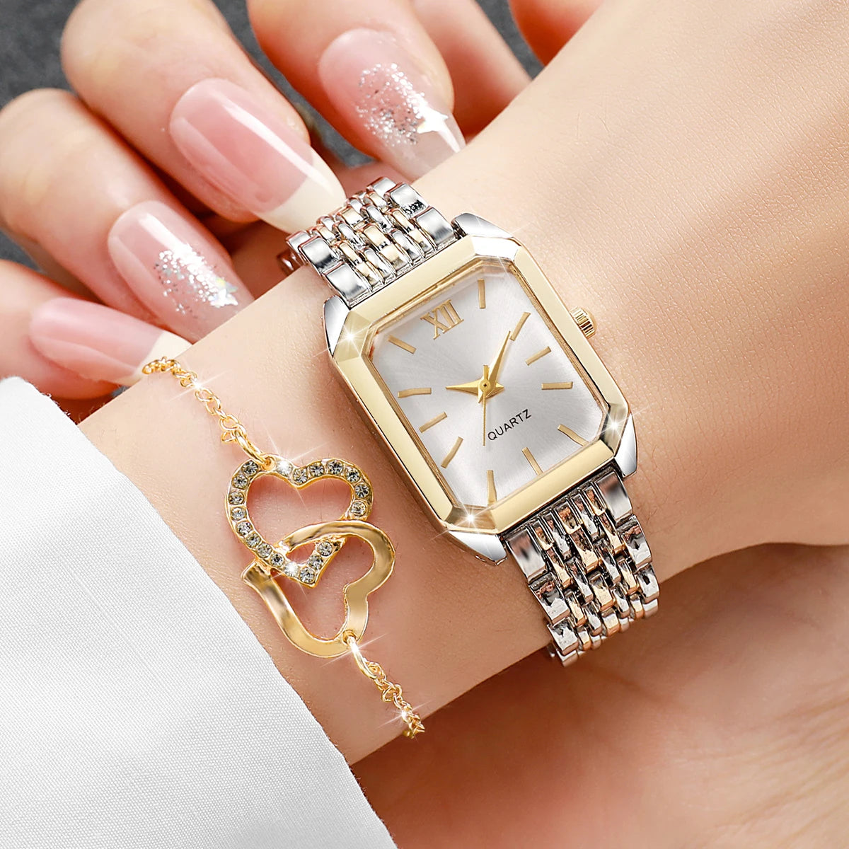 6PCS Elegant Women Rectangle Roma Dial Wristwatch Fashion Alloy Strap Quartz Watch With Diamond Heart Jewelry Set(Without Box)