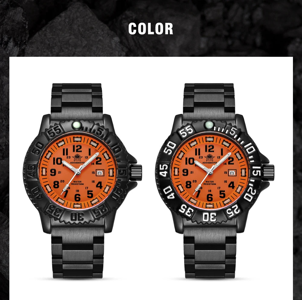 ADDIESDIVE Fashion Orange Dial Quartz Watch Waterproof Super Luminous Wristwatch Stainless Steel Strap Alloy Case Men&