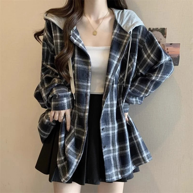 Jmprs Vintage Plaid Hooded Shirt Women Oversize Long Sleeve Y2K Blouse American Casual Harajuku Female Vintage Spring Tops New