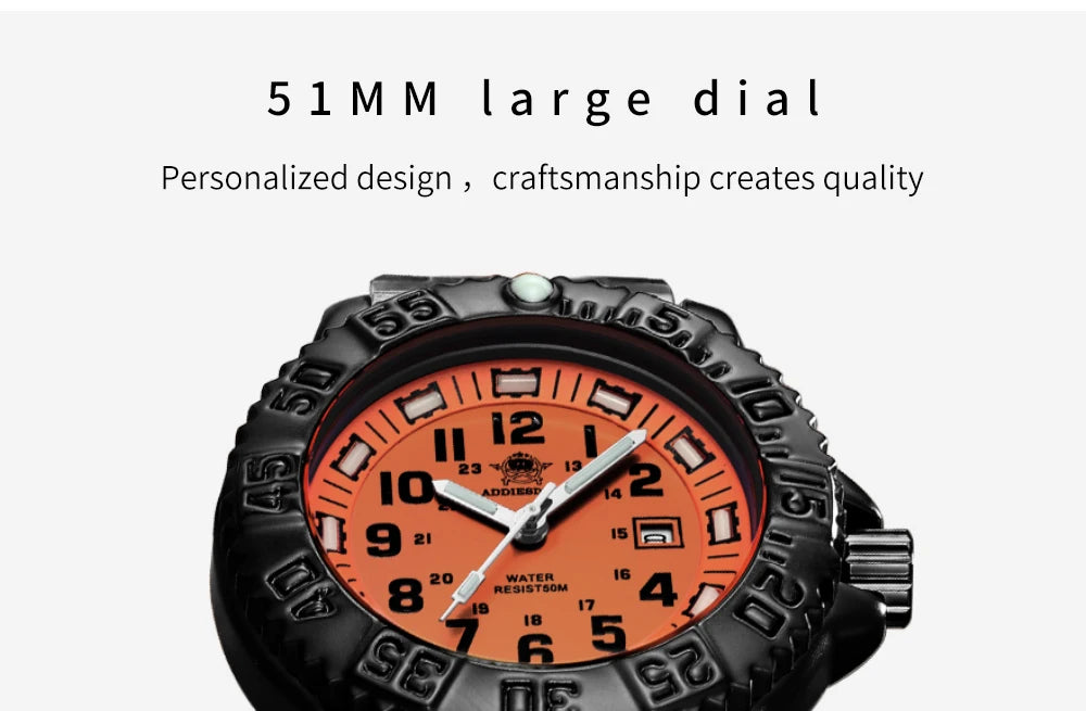 ADDIESDIVE Fashion Orange Dial Quartz Watch Waterproof Super Luminous Wristwatch Stainless Steel Strap Alloy Case Men&