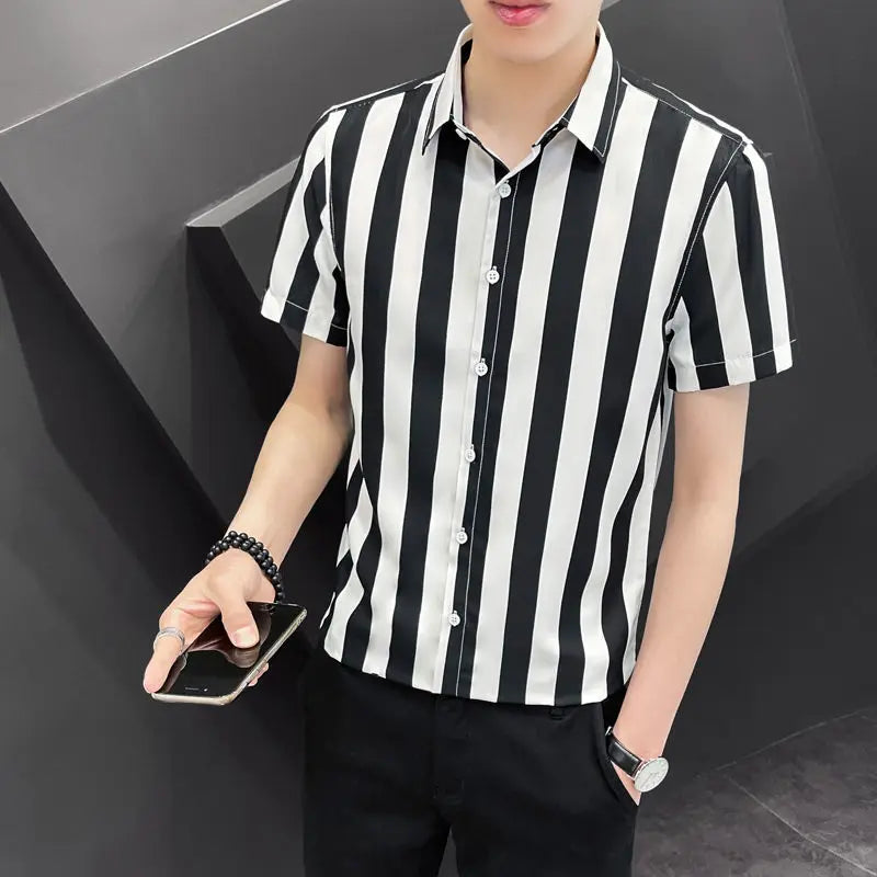Korean Fashion Trend Handsome Summer Striped Short Sleeved Shirt Men&