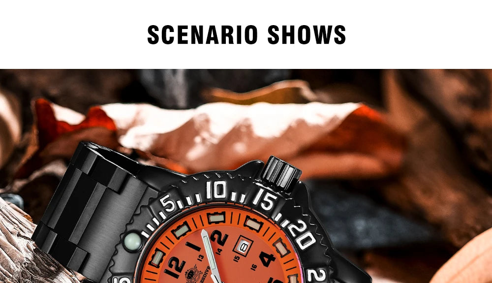 ADDIESDIVE Fashion Orange Dial Quartz Watch Waterproof Super Luminous Wristwatch Stainless Steel Strap Alloy Case Men&