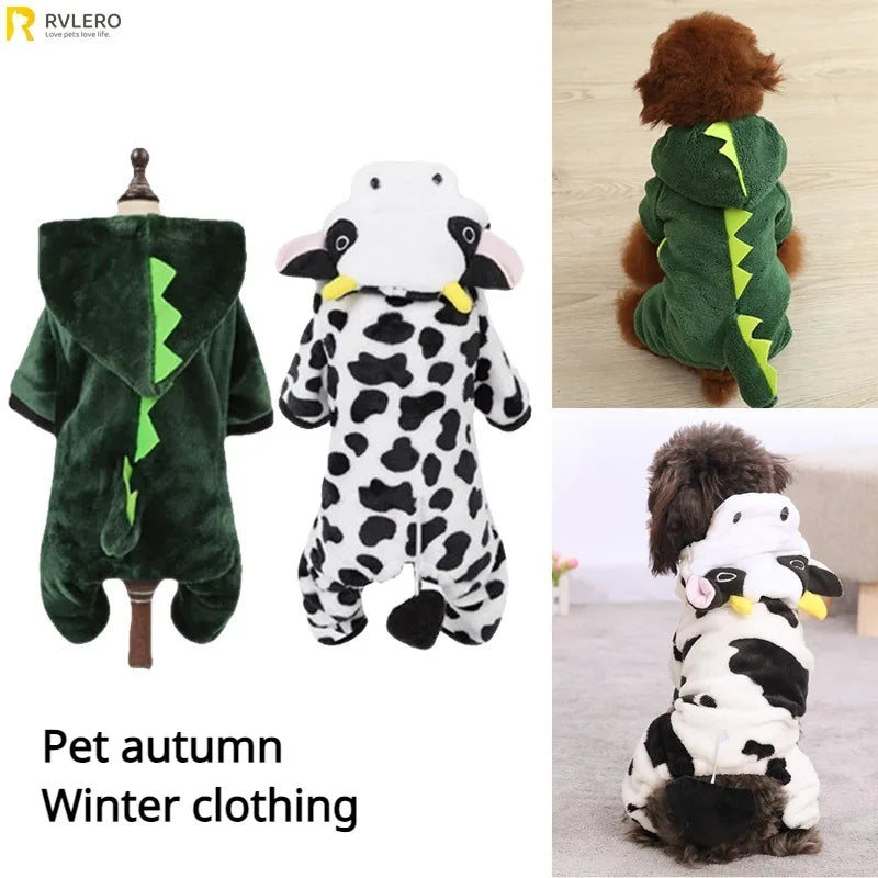 Dog Clothing Autumn Winter Thickened Coral Velvet Thermal Insulation Teddy Puppy Clothes Warm Garment Dinosaur Cream Dress Up
