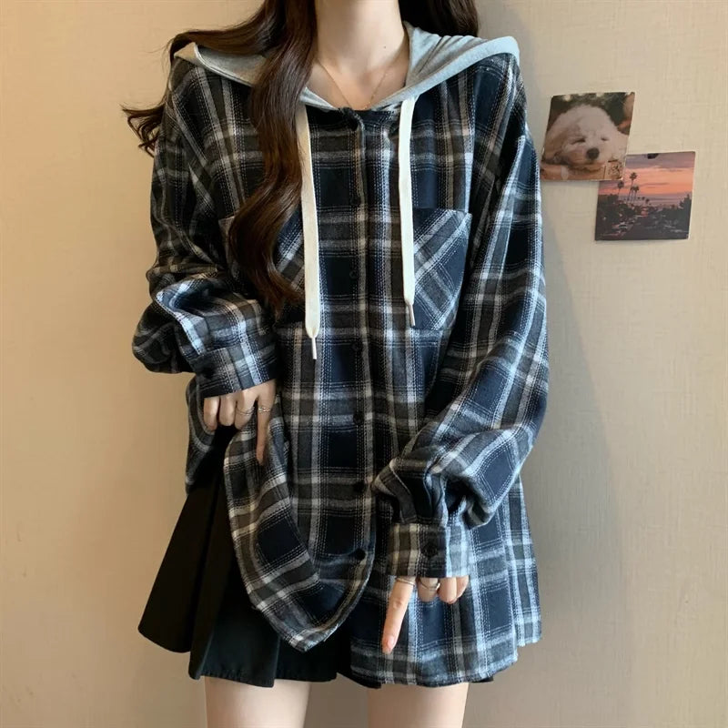 Jmprs Vintage Plaid Hooded Shirt Women Oversize Long Sleeve Y2K Blouse American Casual Harajuku Female Vintage Spring Tops New