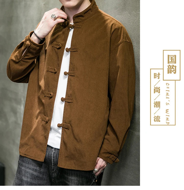 chinese style solid color Shirts for Men Corduroy Buckle Long-sleeved Shirt Autumn and Winter Tang Coat Zhongshan Coat