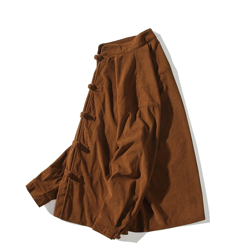 chinese style solid color Shirts for Men Corduroy Buckle Long-sleeved Shirt Autumn and Winter Tang Coat Zhongshan Coat