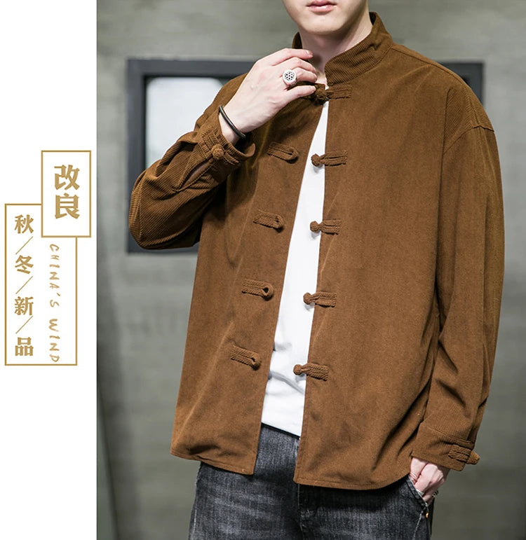 chinese style solid color Shirts for Men Corduroy Buckle Long-sleeved Shirt Autumn and Winter Tang Coat Zhongshan Coat