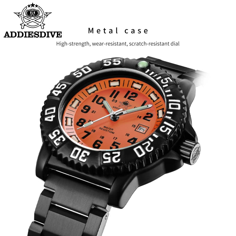 ADDIESDIVE Fashion Orange Dial Quartz Watch Waterproof Super Luminous Wristwatch Stainless Steel Strap Alloy Case Men&