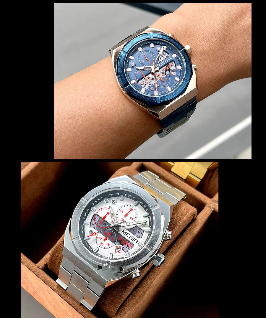 MEGIR Gray Sport Quartz Watch for Men Luxury Luminous Waterproof Metal Wristwatch with Stainless Steel Strap Date Chronograph