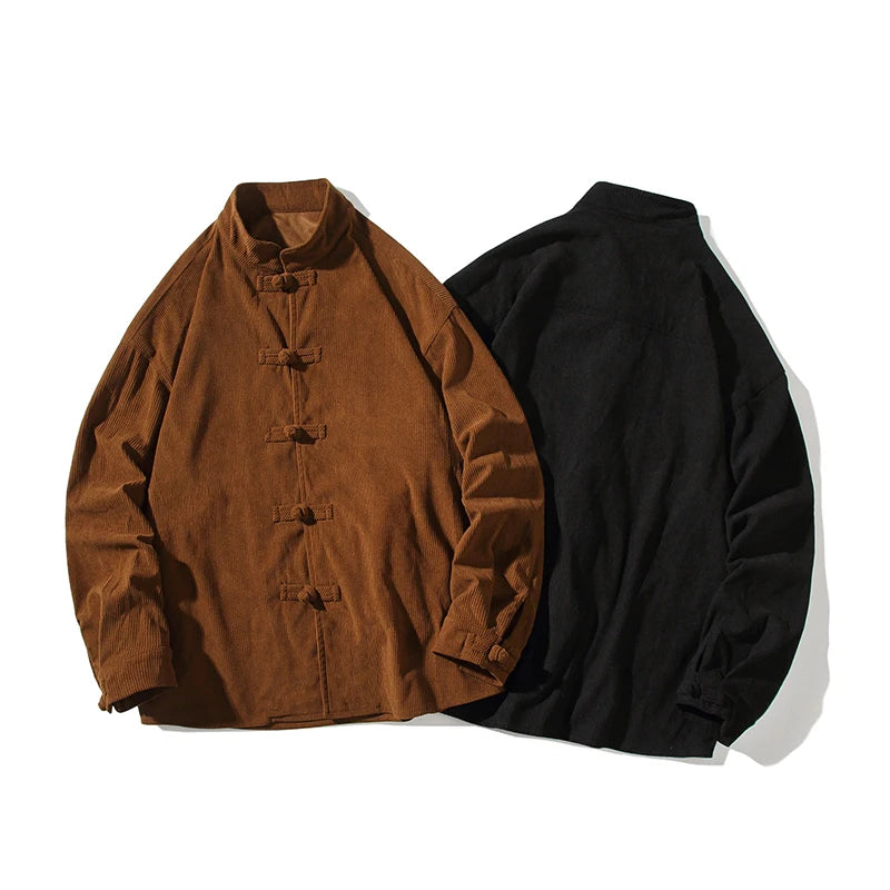 chinese style solid color Shirts for Men Corduroy Buckle Long-sleeved Shirt Autumn and Winter Tang Coat Zhongshan Coat
