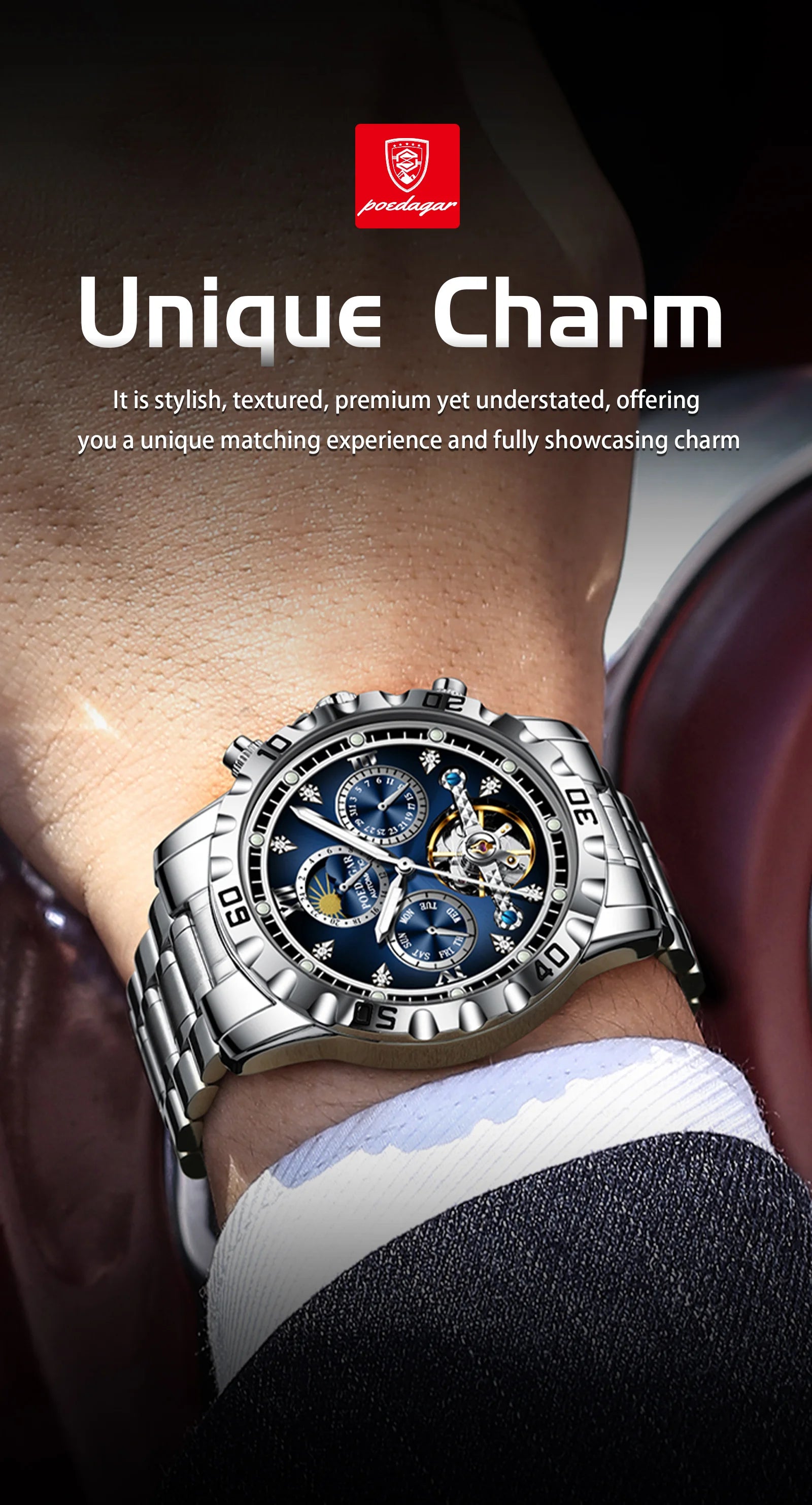 POEDAGAR Business Top Watch For Man Hollow Tourbillon Automatic Men&