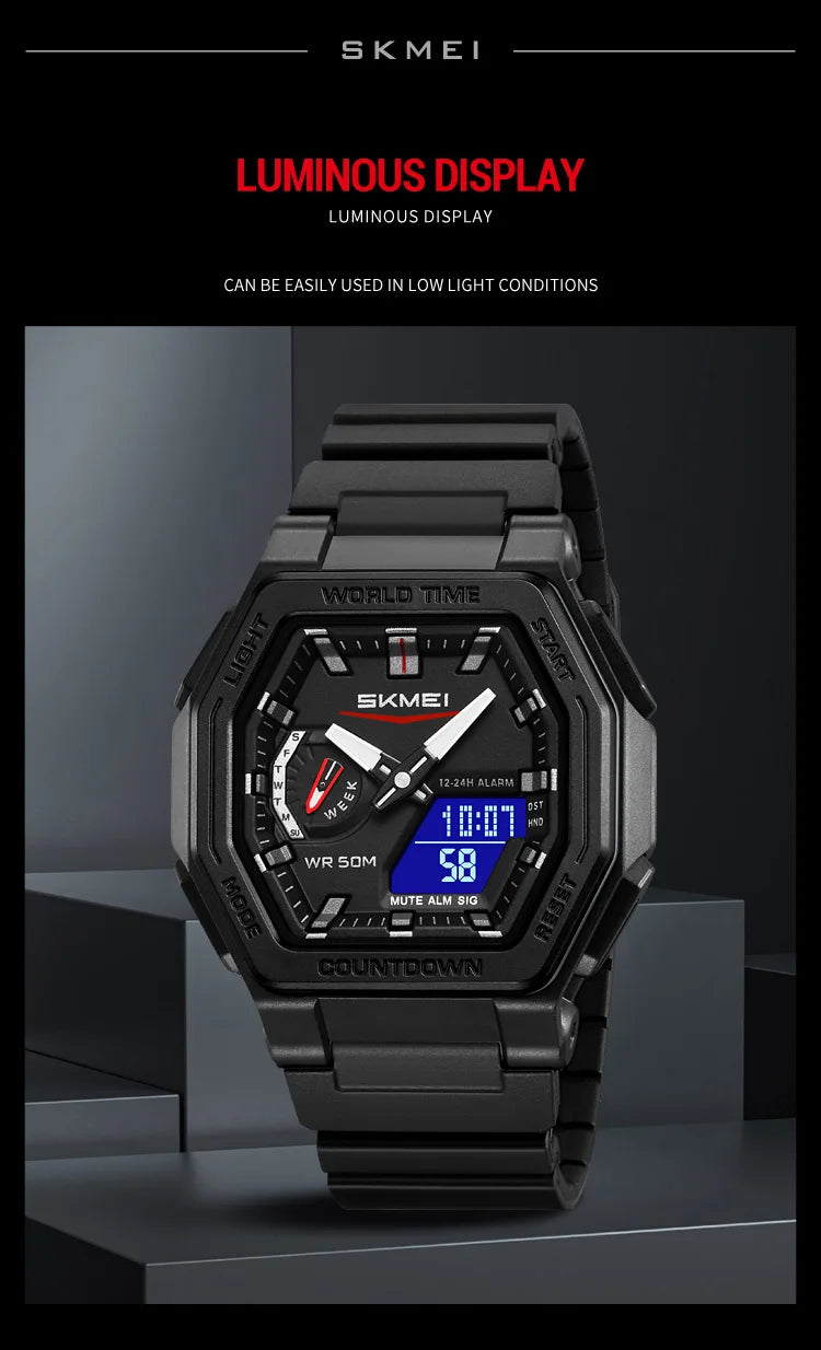 SKMEI 2438 Casual Dual Digital Display Quartz Waterproof Watches Calendar Analog Stopwatch timing Alarm LED night light Clock