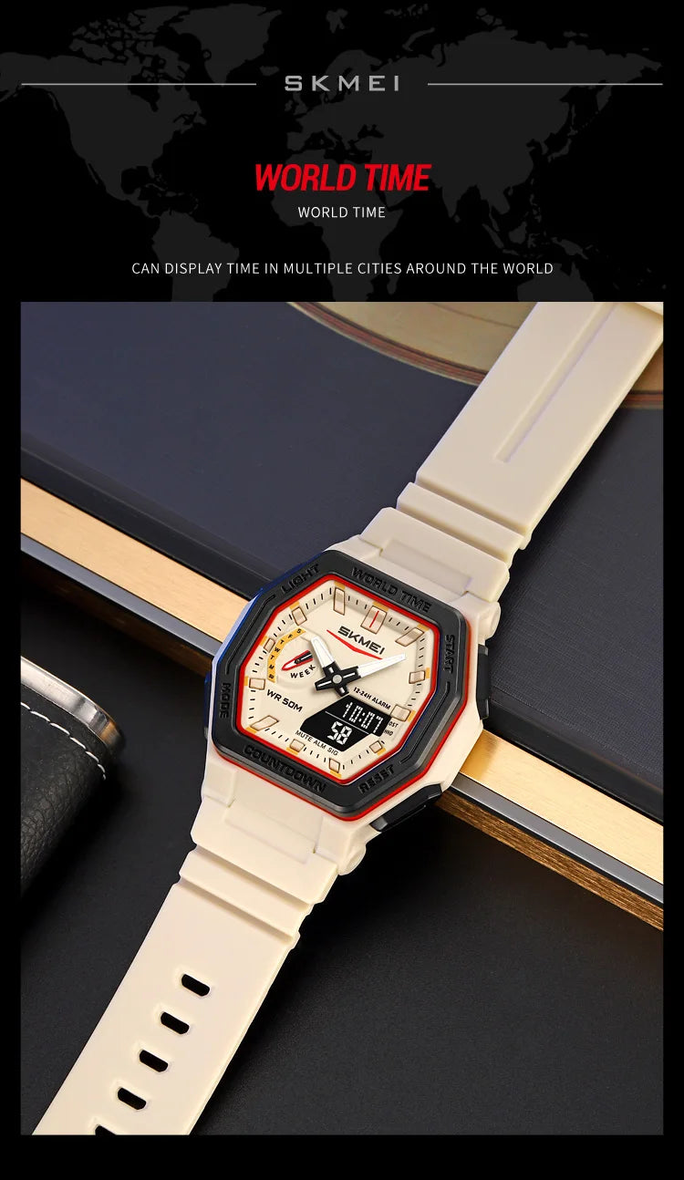 SKMEI 2438 Casual Dual Digital Display Quartz Waterproof Watches Calendar Analog Stopwatch timing Alarm LED night light Clock