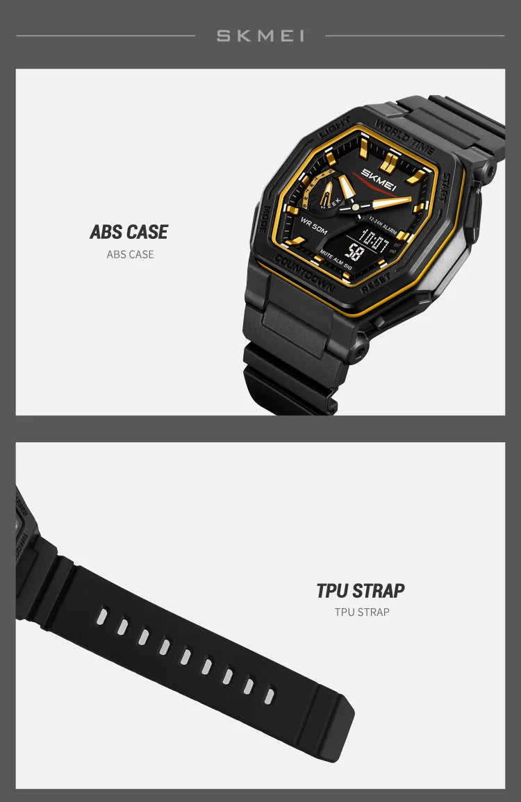 SKMEI 2438 Casual Dual Digital Display Quartz Waterproof Watches Calendar Analog Stopwatch timing Alarm LED night light Clock