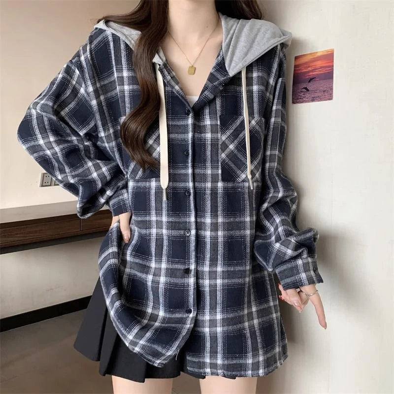 Jmprs Vintage Plaid Hooded Shirt Women Oversize Long Sleeve Y2K Blouse American Casual Harajuku Female Vintage Spring Tops New