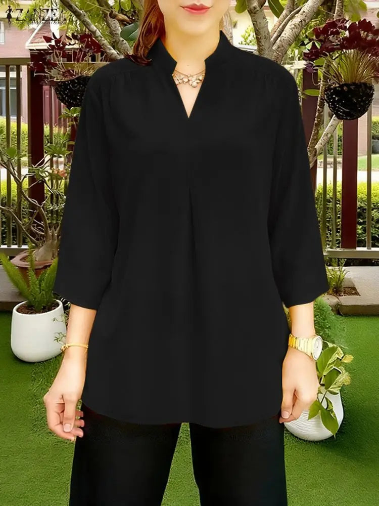2025 ZANZEA Autumn V Neck Long Sleeve Tops Women Blouse Casual Solid Loose Shirt Elegant OL Work Shirts Oversize Female Chemise