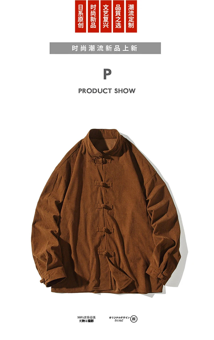chinese style solid color Shirts for Men Corduroy Buckle Long-sleeved Shirt Autumn and Winter Tang Coat Zhongshan Coat