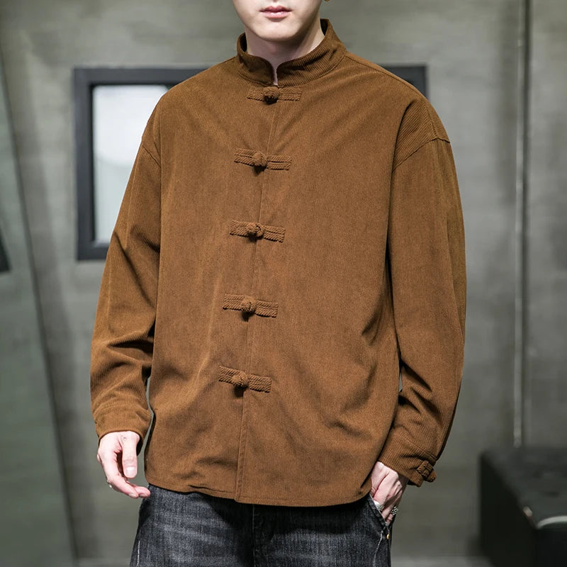 chinese style solid color Shirts for Men Corduroy Buckle Long-sleeved Shirt Autumn and Winter Tang Coat Zhongshan Coat