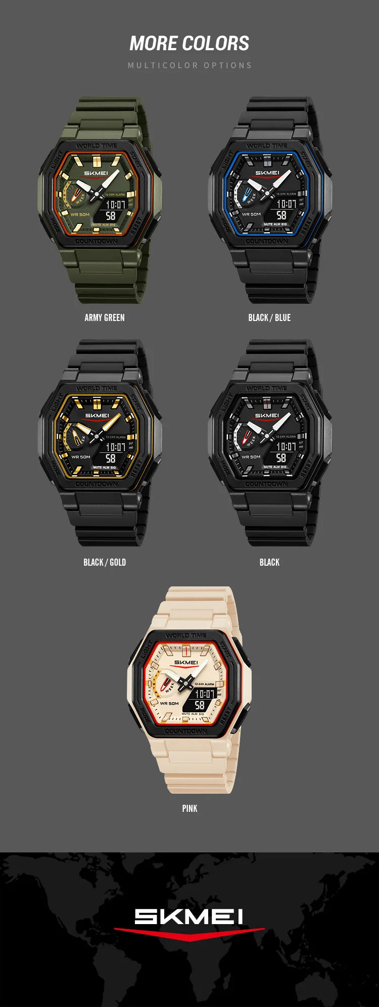 SKMEI 2438 Casual Dual Digital Display Quartz Waterproof Watches Calendar Analog Stopwatch timing Alarm LED night light Clock
