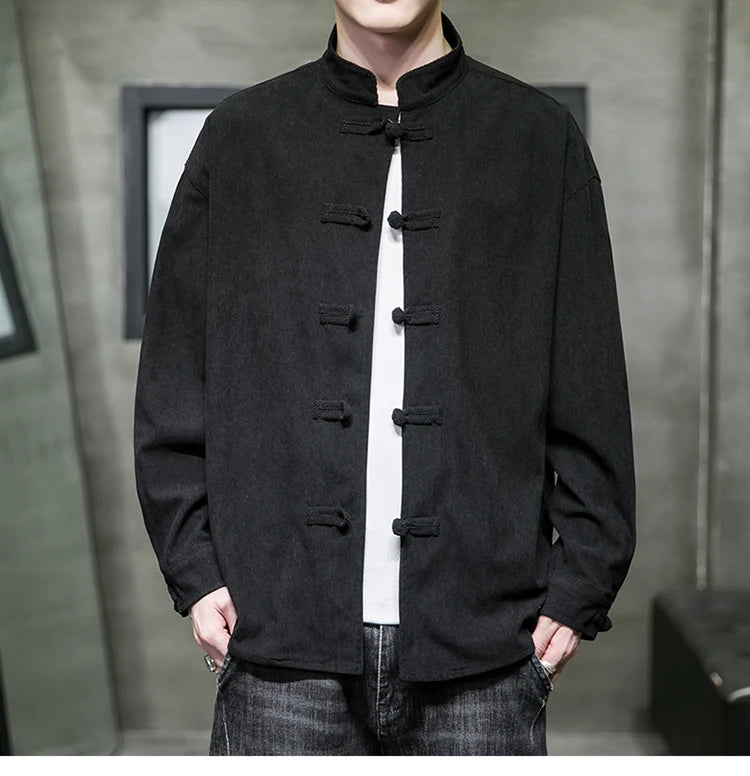 chinese style solid color Shirts for Men Corduroy Buckle Long-sleeved Shirt Autumn and Winter Tang Coat Zhongshan Coat