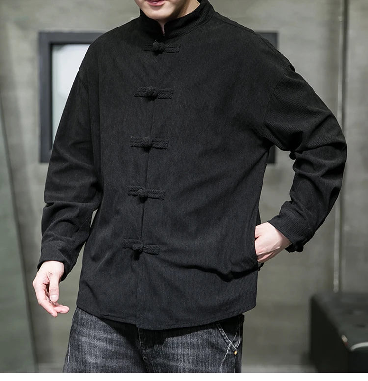 chinese style solid color Shirts for Men Corduroy Buckle Long-sleeved Shirt Autumn and Winter Tang Coat Zhongshan Coat
