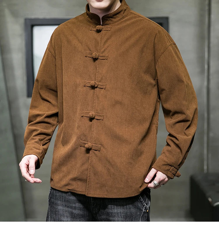 chinese style solid color Shirts for Men Corduroy Buckle Long-sleeved Shirt Autumn and Winter Tang Coat Zhongshan Coat