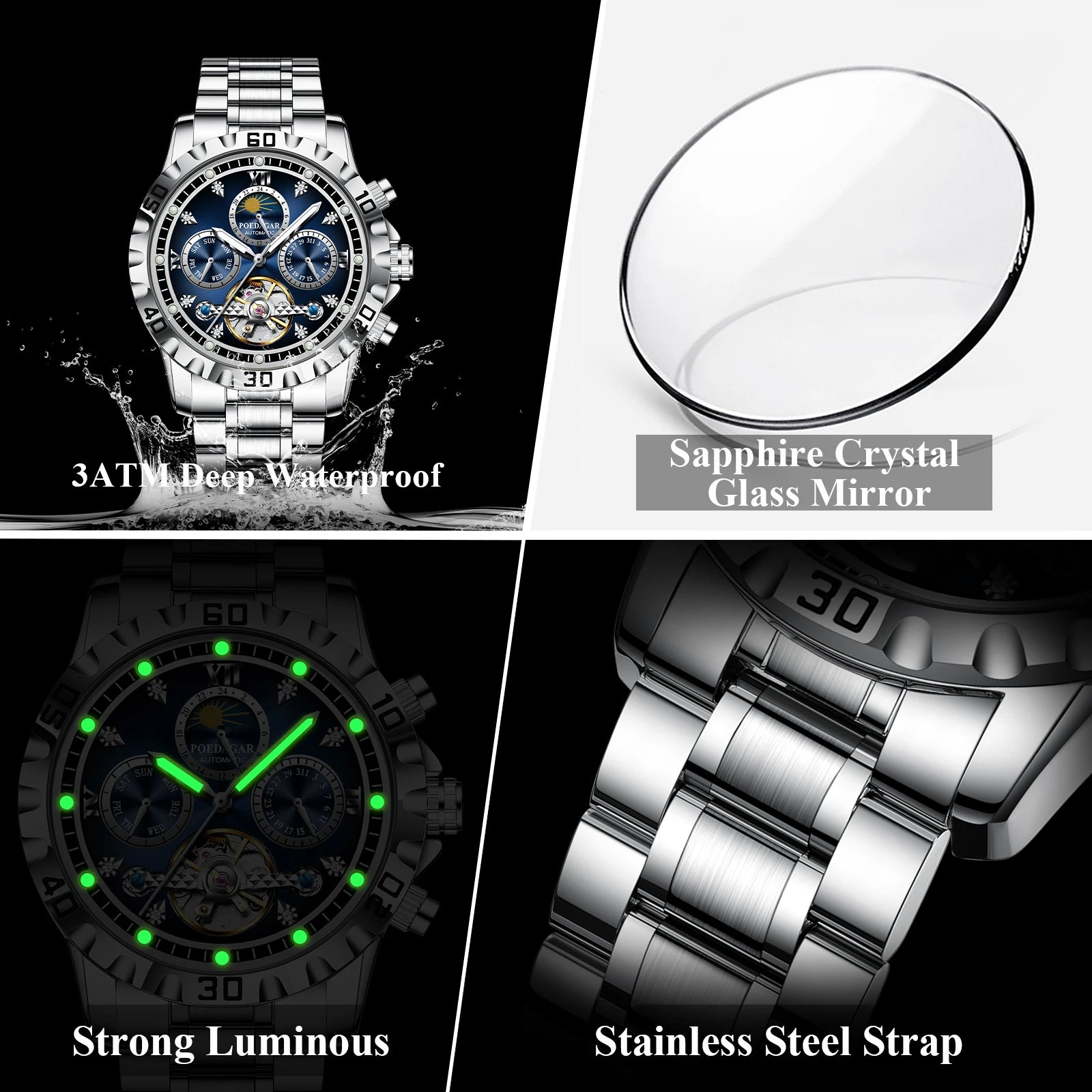 POEDAGAR Business Top Watch For Man Hollow Tourbillon Automatic Men&
