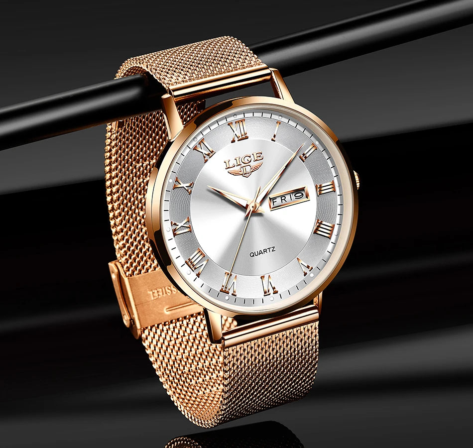 LIGE Women Watch Bracelet Quartz Clock Movement Simple Waterproof Rose Gold Stainless Steel Mesh Ladies Watches Relogio Feminino