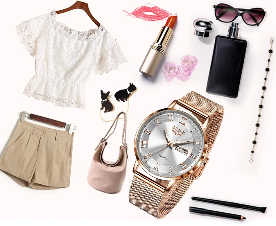 LIGE Women Watch Bracelet Quartz Clock Movement Simple Waterproof Rose Gold Stainless Steel Mesh Ladies Watches Relogio Feminino