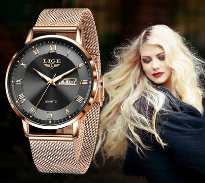 LIGE Women Watch Bracelet Quartz Clock Movement Simple Waterproof Rose Gold Stainless Steel Mesh Ladies Watches Relogio Feminino