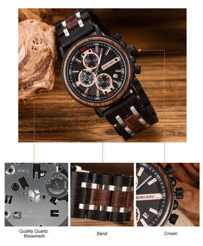 reloj hombre BOBO BIRD New Wooden Watch Men Top Brand Luxury Chronograph Military Quartz Watches for Man Dropshipping Customized