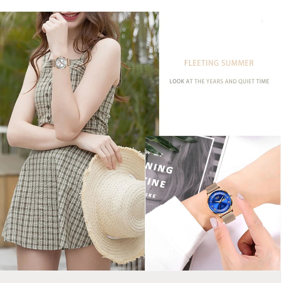 LIGE Women Watch Bracelet Quartz Clock Movement Simple Waterproof Rose Gold Stainless Steel Mesh Ladies Watches Relogio Feminino